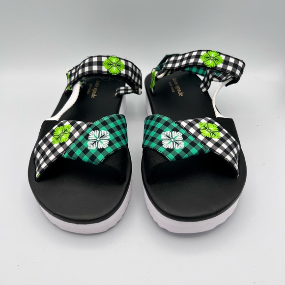 Kate Spade Dotty Gingham Platform Sandals Womens size 7B Black Green Floral EUC - Picture 3 of 10